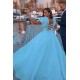 Sky Blue Princess Mermaid Evening Gowns with Sweep Train Short Sleeve Party Gowns