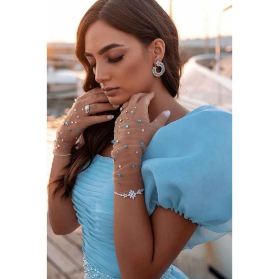 Sky Blue Princess Mermaid Evening Gowns with Sweep Train Short Sleeve Party Gowns