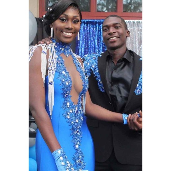 Satin Halter V-Neck Mermaid Evening Gowns Sleeveless Crystals Prom Dress Sweep Train