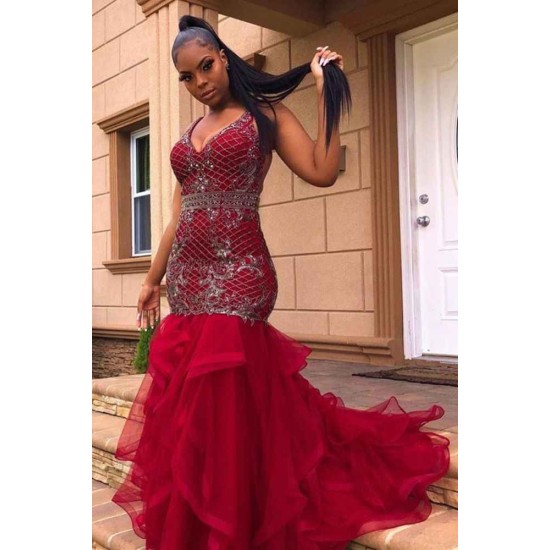 Chic V-Neck Appliques Evening Gowns Mermaid Pufft Sweep Train Prom Party Gowns