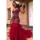 Chic V-Neck Appliques Evening Gowns Mermaid Pufft Sweep Train Prom Party Gowns