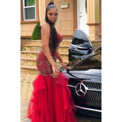 Chic V-Neck Appliques Evening Gowns Mermaid Pufft Sweep Train Prom Party Gowns