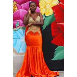 Bright Organe Sweetheart Appliques Mermaid Evening Maxi Dress Crew Neck Prom Party Gowns