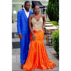Bright Organe Sweetheart Appliques Mermaid Evening Maxi Dress Crew Neck Prom Party Gowns