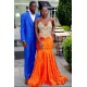 Bright Organe Sweetheart Appliques Mermaid Evening Maxi Dress Crew Neck Prom Party Gowns