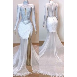 White Gorgeous Lace Long Sleevess Prom Dresses Sheer Tulle Slit Mermaid Evening Gowns