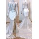 White Gorgeous Lace Long Sleevess Prom Dresses Sheer Tulle Slit Mermaid Evening Gowns