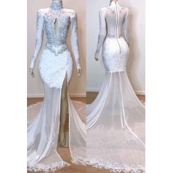 White Gorgeous Lace Long Sleevess Prom Dresses Sheer Tulle Slit Mermaid Evening Gowns