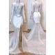 White Gorgeous Lace Long Sleevess Prom Dresses Sheer Tulle Slit Mermaid Evening Gowns
