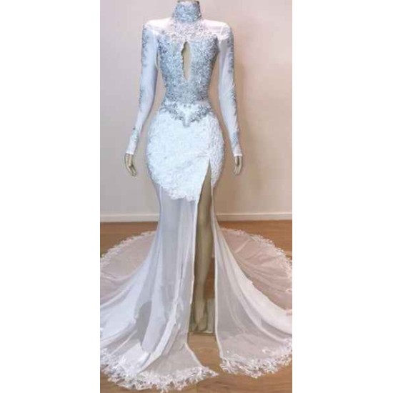 White Gorgeous Lace Long Sleevess Prom Dresses Sheer Tulle Slit Mermaid Evening Gowns