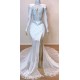 White Gorgeous Lace Long Sleevess Prom Dresses Sheer Tulle Slit Mermaid Evening Gowns