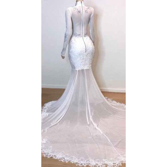 White Gorgeous Lace Long Sleevess Prom Dresses Sheer Tulle Slit Mermaid Evening Gowns
