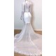 White Gorgeous Lace Long Sleevess Prom Dresses Sheer Tulle Slit Mermaid Evening Gowns