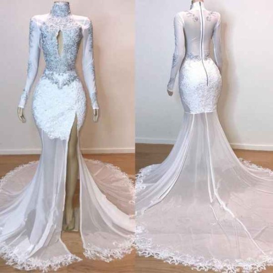 White Gorgeous Lace Long Sleevess Prom Dresses Sheer Tulle Slit Mermaid Evening Gowns