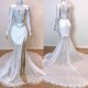 White Gorgeous Lace Long Sleevess Prom Dresses Sheer Tulle Slit Mermaid Evening Gowns
