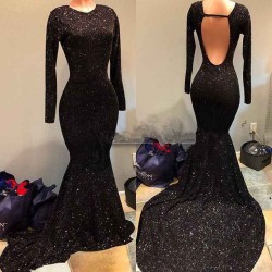 Black Sequins Prom Party Gowns| Long Sleeves Evening Gowns On Sale