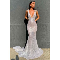 Deep V-neck Sparkling Sequins Beading Chic Evening Gowns Backless Mermaid Sleeveless Prom Dresses With Court Train