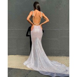 Deep V-neck Sparkling Sequins Beading Chic Evening Gowns Backless Mermaid Sleeveless Prom Dresses With Court Train