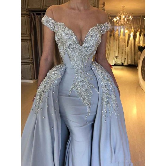 Elegant Sky Blue Mermaid Off-the-Shoulder Prom Dresses Sweetheart Discount Overskirt Evening Dresses On Sale