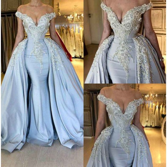 Elegant Sky Blue Mermaid Off-the-Shoulder Prom Dresses Sweetheart Discount Overskirt Evening Dresses On Sale