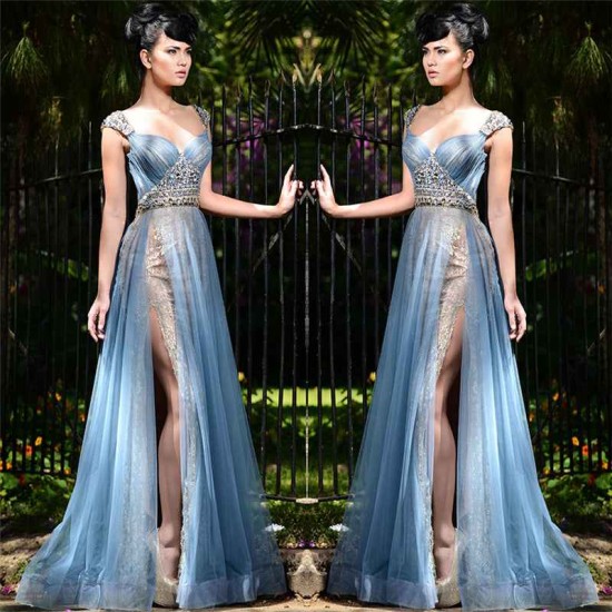 Chic Long Blue Formal Evening Dresses Tulle Crystal Chic Slit Prom Dresses