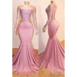 Pink Appliques Long Sleevess Prom Dresses New Arrival Gorgeous Mermaid Evening Gowns