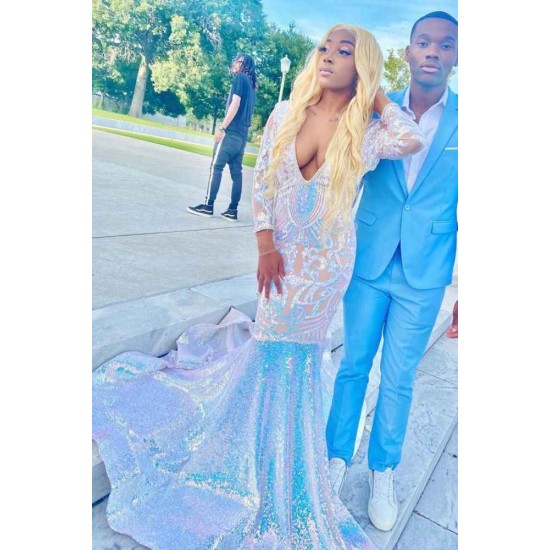 Glitter Long Sleeves Mermaid Evening Gowns Charming Prom Party Gowns Sweep Train