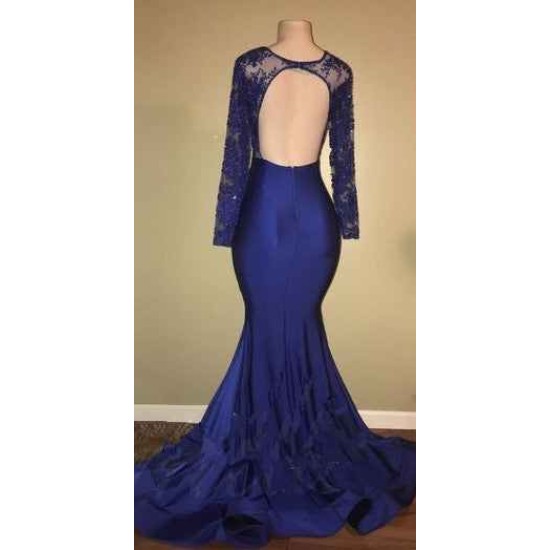 Chic Open Back Royal Blue Real Model Prom Dresses Lace Long Sleeves Mermaid Evening Gown