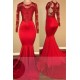 Long Sleeves Mermaid Lace Prom Dresses Red Sheer Tulle Evening Gown