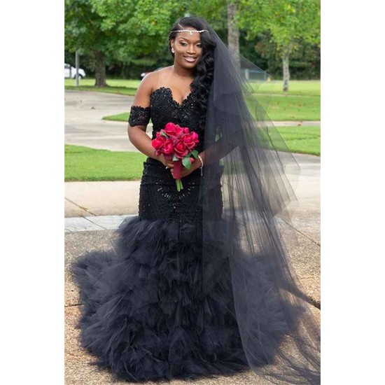 Trendy Off-the-Shoulder Sparkle Beads Prom Dresses Fit and Flare Tulle Ruffles Evening Gowns