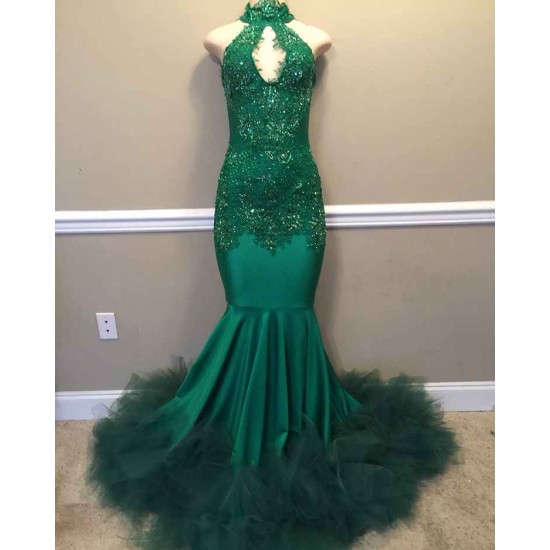 Elegant Beads Appliques Halter Prom Dresses Fit and Flare Sleeveless Tulle Evening Gowns