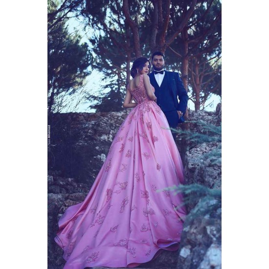 Sleeveless Candy Pink Evening Dresses On Sale Straps Appliques Chic Prom Dresses