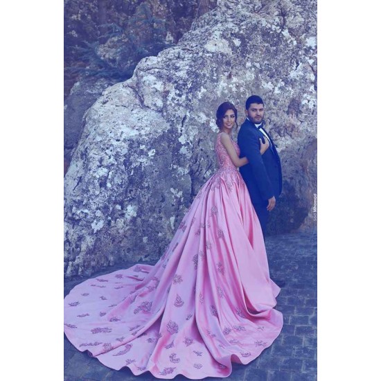 Sleeveless Candy Pink Evening Dresses On Sale Straps Appliques Chic Prom Dresses