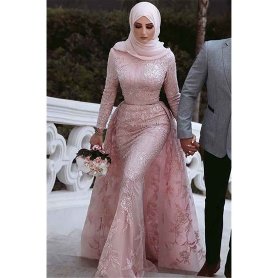 Pink Detachable Long-Sleeves Prom Dresses Appliques Lace Mermaid Evening Gowns