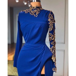 Royal Blue High Neck Side Slit Mermaid Prom Dresses Elegant Long Sleevess Appliques Evening Gowns