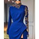 Royal Blue High Neck Side Slit Mermaid Prom Dresses Elegant Long Sleevess Appliques Evening Gowns