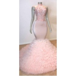 Pink Halter Sleeveless Mermaid Prom Dresses New Arrival Chic Open Back Lace Tulle Evening Gowns
