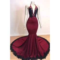 Burgundy V-neck Halter Appliques Long Mermaid Evening Dresses