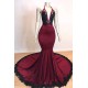 Burgundy V-neck Halter Appliques Long Mermaid Evening Dresses
