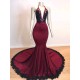 Burgundy V-neck Halter Appliques Long Mermaid Evening Dresses