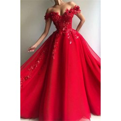 Gorgeous Ball Gown Off-the-Shoulder Applique Flowers Evening Dresses