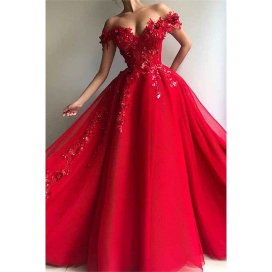 Gorgeous Ball Gown Off-the-Shoulder Applique Flowers Evening Dresses