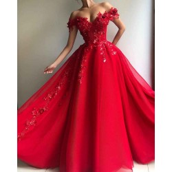 Gorgeous Ball Gown Off-the-Shoulder Applique Flowers Evening Dresses