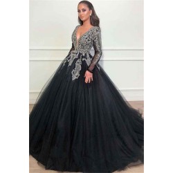 Black Ball Gown Deep V-Neck Long Sleevess Appliques Overskirt Evening Dresses