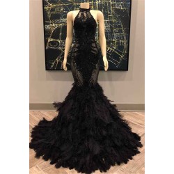 Unique Lace Appliques Halter Feather Prom Dresses Sleeveless Alluring Fit and Flare Evening Gowns