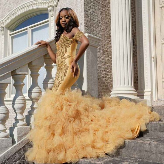 Gold Beads Appliques Fit and Flare Prom Dresses Off-the-Shoulder Tulle Ruffles Evening Gowns