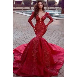 Gorgeous Long Sleevess Mermaid Evening Dresses with Train Hot Backless Lace Crystal Prom Dresses