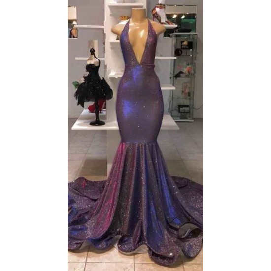 Chic Deep V-Neck Sleeveless Prom Dresses New Arrival Halter Memaiad Sequins Evening Gowns