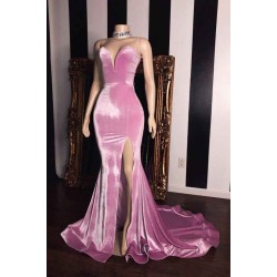 Pink Velvet Sweetheart Prom Dresses Elegant Side Slit Mermaid Long Evening Gowns