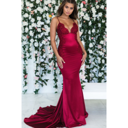 Burgundy Sleeveless Mermaid Backless Prom Dresses Spaghetti-Straps Lace Appliques Evening Gowns